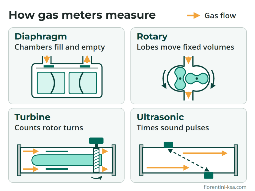 Types of gas meters: diaphragm chambers, rotary impellers, turbine rotor and ultrasonic transit-time path