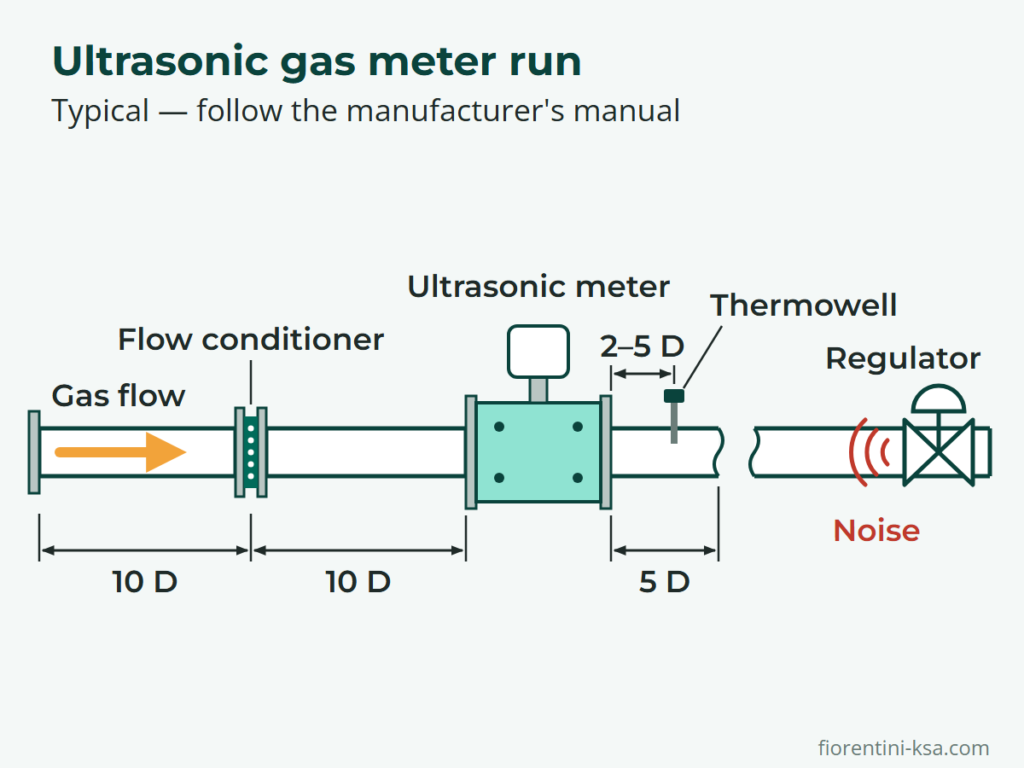 Ultrasonic gas meter run: 10 D straight pipe, flow conditioner, 10 D, meter, 5 D and a downstream regulator